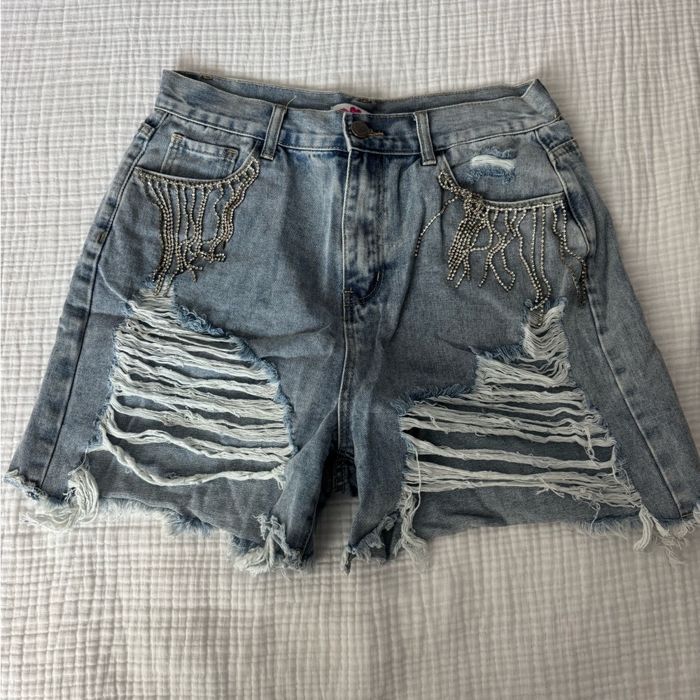 Buddy Love Light Blue Distressed Jean Shorts with diamond fringe
